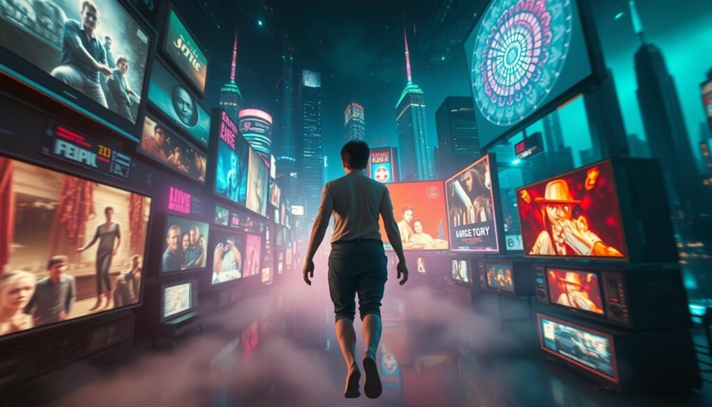 A surreal dreamscape of a person sleepwalking through a vibrant, fantastical media landscape. In the foreground, the figure appears to float, their limbs ethereal and translucent, as if partially immersed in the onscreen imagery. Surrounding them, a collage of iconic movie scenes, television screens, and digital displays flicker and pulse with neon lights, creating an immersive, hypnotic atmosphere. The background features towering skyscrapers, glitching glitches, and a distorted, kaleidoscopic skyline, evoking a sense of disorientation and the blurring of reality and imagination. The lighting is a moody blend of cool, ethereal tones and warm, saturated hues, enhancing the dreamlike quality of the scene. A wide-angle lens captures the expansive, surreal nature of the composition, inviting the viewer to explore the intriguing interplay between the physical and the digital realms.