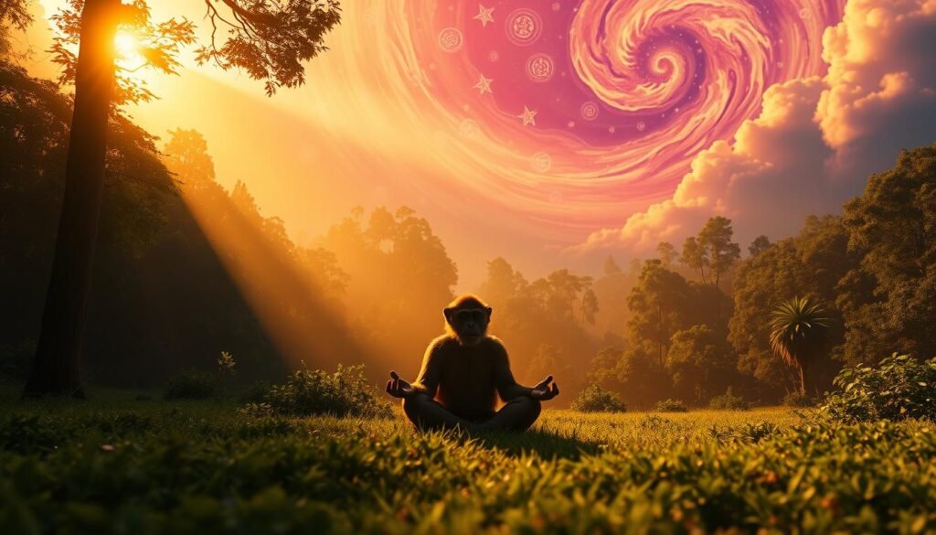 A surreal dreamscape of a serene forest glade, illuminated by warm, golden sunlight filtering through the canopy. In the foreground, a contemplative primate sits cross-legged, deep in meditation, radiating an aura of introspection and self-discovery. The middle ground features lush, verdant greenery and the silhouettes of distant trees, creating a sense of depth and tranquility. The background showcases a vibrant, kaleidoscopic sky, with swirling clouds and celestial motifs, evoking a sense of the subconscious and the interconnectedness of all things. The lighting is soft and diffused, creating a sense of serenity and inner peace. The overall composition and atmosphere suggest a journey of personal growth and the transformative power of the mind.