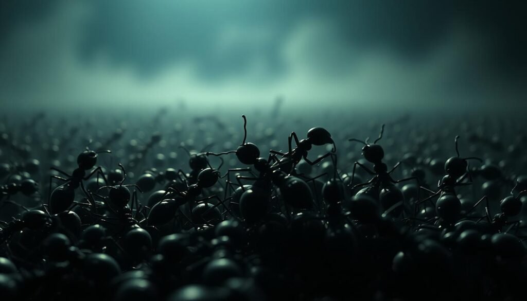 A surreal dreamscape of black ants, their compound eyes reflecting the depths of the subconscious. A dimly lit, shadowy background gives way to a central focus - a swarm of ants, their bodies twisting and writhing, creating intricate patterns that seem to pulse with a hidden energy. The ants appear to be in a state of deep contemplation, their movements suggesting an internal struggle or a search for understanding. The lighting is low-key, casting dramatic shadows that add to the sense of mystery and unease. In the distance, hazy shapes and forms hint at the larger world of the psyche, inviting the viewer to delve deeper into the symbolism of the black ants and their significance in the human experience.