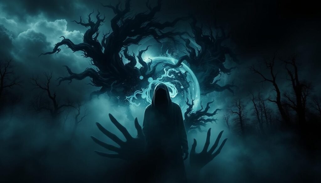 A surreal dreamscape of inner fears and subconscious symbols. In the foreground, a shadowy figure representing the viewer's inner turmoil, shrouded in a veil of obscurity. Surrounding it, a swirling miasma of abstract shapes and forms, shifting and morphing, symbolizing the nebulous nature of the subconscious mind. In the background, a dark, ominous forest, trees reaching like gnarled fingers towards a stormy sky, conveying a sense of unease and the unknown. Dramatic chiaroscuro lighting casts deep shadows, heightening the sense of psychological tension. The overall atmosphere is one of unease, introspection, and the struggle to confront and understand the hidden depths of the self.