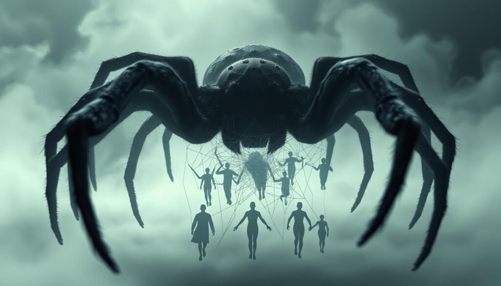 A surreal dreamscape of intertwined spiders and human figures, set against a backdrop of ethereal, swirling mists. In the foreground, a larger-than-life spider with intricate, gossamer-like legs extends its multiple eyes towards the viewer, its movements blurred and dreamlike. Emerging from the spider's body are the ghostly silhouettes of human faces, their expressions a mix of wonder and unease. In the middle ground, human figures are entangled in a web-like matrix, their limbs and bodies merging with the arachnid forms, symbolizing the deep, subconscious connections between the dream world and waking life. The background fades into a hazy, shifting landscape of smoky grays and blues, evoking a sense of the subconscious and the unknown. Soft, atmospheric lighting casts a otherworldly glow, enhancing the surreal, meditative mood.