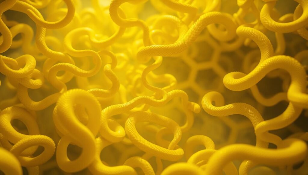 A surreal dreamscape of intricate, undulating yellow snake patterns and shapes, visualizing the subconscious mind. The snakes weave and intertwine, creating a mesmerizing, abstract kaleidoscopic effect. The scene is bathed in a warm, golden glow, with a sense of mysticism and spiritual energy permeating the atmosphere. The composition is balanced, with the snakes flowing organically across the frame, drawing the viewer's eye inward. Soft, hazy lighting and a depth of field that blurs the background, creating a sense of depth and mystery. An ethereal, trance-like mood evokes the essence of a profound, intuitive dream experience.