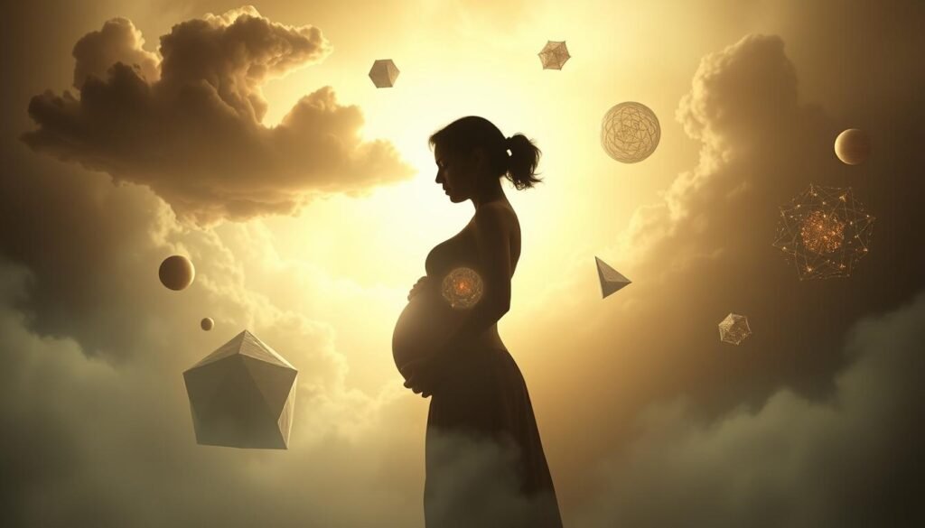 A surreal dreamscape of life transition symbolism. Soft, ethereal lighting illuminates a pregnant woman's silhouette, her belly glowing with an otherworldly energy. Around her, abstract shapes and floating forms represent the subconscious - swirling clouds, shimmering orbs, and fractured geometric patterns. The background is hazy and indistinct, evoking a sense of the liminal and the unknown. The overall mood is one of introspection, transformation, and the mystical nature of the human experience.
