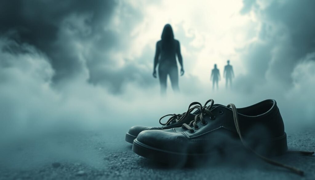 A surreal dreamscape of lost footwear, symbolizing the disconnect between physical and spiritual self. In the foreground, a pair of worn, discarded shoes lie abandoned on a misty, ethereal ground. The middle ground features a shadowy, faceless figure, its form blending into the hazy environment, suggesting a loss of identity and personal grounding. The background is a swirling, clouded expanse, evoking a sense of disorientation and the subconscious mind. Soft, diffused lighting creates an atmosphere of introspection and the unsettling nature of disconnection from one's core sense of self. Angles are slightly distorted, adding to the dream-like, unstable quality of the scene.