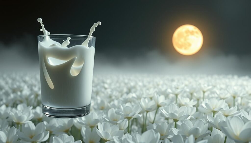 A surreal dreamscape of milk-inspired symbolism. In the foreground, a glass of milk floats, its surface rippling with iridescent hues. Swirling within it, ethereal shapes and patterns evoke the subconscious associations of milk: nourishment, purity, and the comfort of childhood. The middle ground features a field of blooming milk-white flowers, their petals transforming into cascading streams of milk. In the distance, a glowing, moon-like orb casts a soft, warm light, illuminating the scene and lending an otherworldly, tranquil atmosphere. The overall composition conveys the introspective, intricate nature of milk's symbolic meanings in dreams. Delicate, high-key lighting and a slightly hazy, atmospheric depth of field enhance the dreamlike quality.
