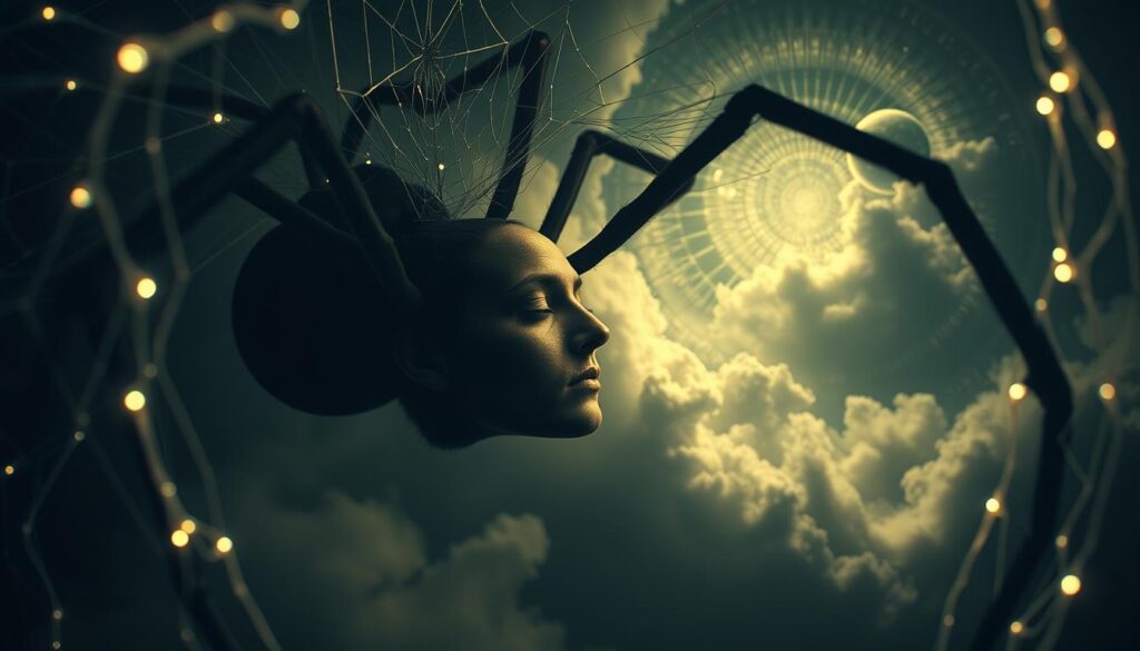 A surreal dreamscape of spiders and psyche. In the foreground, an intricate web of glowing threads cascades from the corners, enveloping a central figure - a human face blending into the arachnid form, eyes closed in contemplation. The middle ground features swirling clouds of mist and shadow, hinting at the subconscious realm. In the background, a shifting, kaleidoscopic landscape of geometric patterns and ethereal shapes, suggesting the hidden depths of the mind. Dramatic low-key lighting casts dramatic shadows, creating an atmosphere of mystery and introspection. Shot with a wide-angle lens to capture the expansive, immersive quality of the scene.