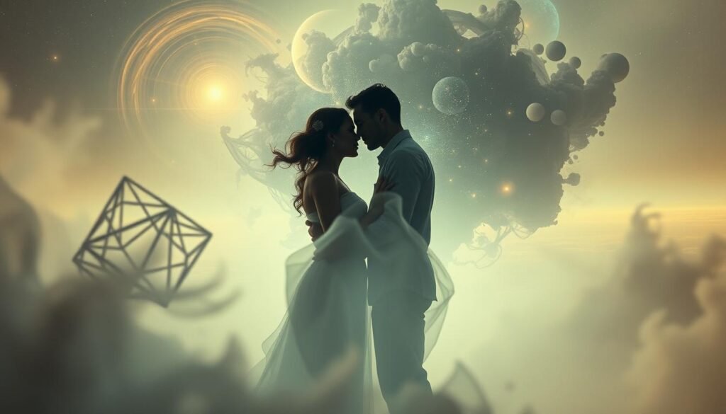 A surreal dreamscape of the subconscious mind, bathed in a soft, ethereal glow. In the foreground, a couple embracing, their forms obscured by wispy tendrils of smoke or mist, symbolizing the intangible nature of romance and the psychology of dreams. In the middle ground, abstract geometric shapes and patterns float and morph, representing the intricate workings of the psyche. The background is a vast, celestial expanse, with swirling galaxies and distant, glowing orbs, conveying the boundless realm of the imagination. Gentle, diffused lighting casts a sense of tranquility and contemplation, inviting the viewer to ponder the mysteries of the dream world and the interplay between the conscious and unconscious.
