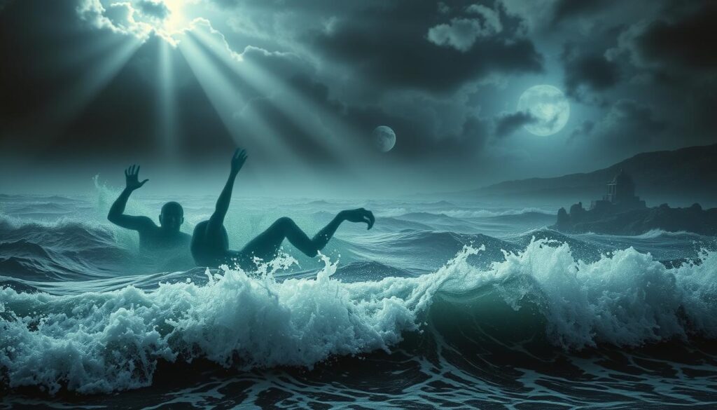 A surreal dreamscape of water symbolism. In the foreground, a turbulent ocean crashes against the shore, its waves swirling with foreboding energy. Within the water, abstract shapes and figures emerge, representing the subconscious emotions and warnings conveyed through dreams. The middle ground features a rocky, atmospheric landscape, with ominous storm clouds gathering overhead. Beams of moonlight peek through, casting an eerie, ethereal glow. In the background, a distant, mysterious structure stands, its significance hinting at the deeper meaning behind the water warnings. The overall mood is one of haunting beauty, blending the visceral and the metaphysical to explore the symbolic power of water in the realm of dreams.