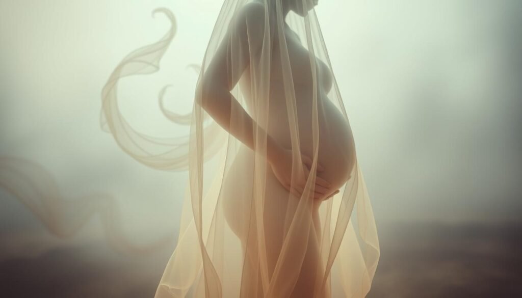 A surreal dreamscape, rendered in a soft, ethereal light. In the foreground, a pregnant figure, their form shrouded in a gossamer veil, symbolizing the mystical nature of pregnancy and the subconscious. Swirling, abstract shapes in the middle ground, representing the psychological undercurrents and symbolic meanings of this dream. In the background, a hazy, infinite expanse, conveying the expansive, contemplative nature of this inner experience. Subtle, muted tones evoke a sense of introspection and the subconscious mind. The overall composition and mood suggest the profound psychological significance of pregnancy dreams.