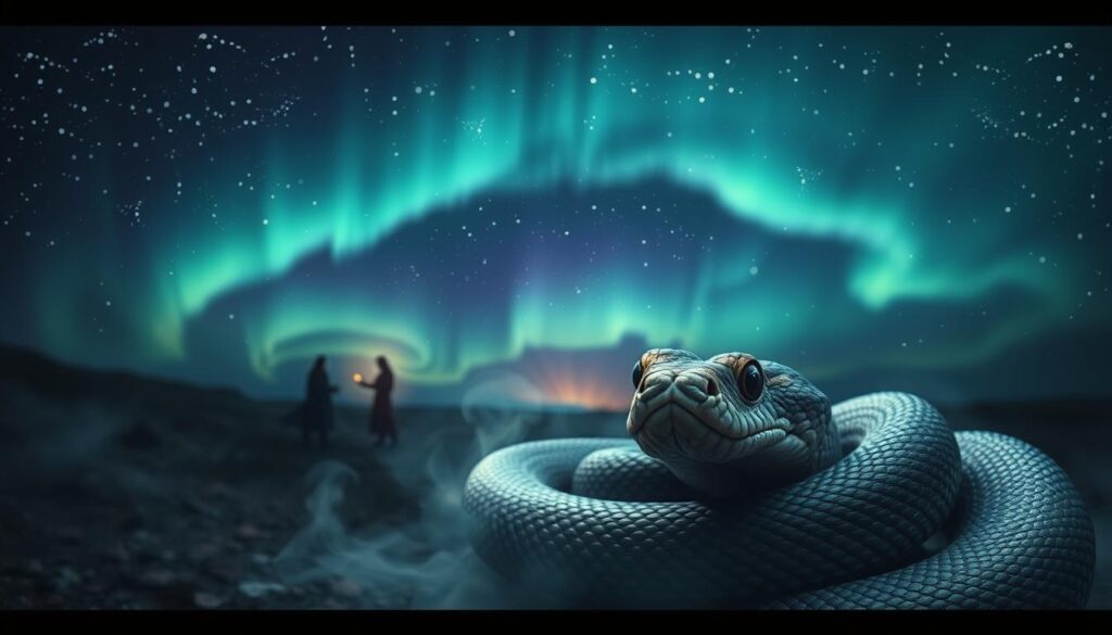 A surreal dreamscape set against a starry night sky. In the foreground, a coiled rattlesnake, its scales glistening with an otherworldly glow, its piercing eyes locked onto the viewer. Swirling mist and ethereal energy field around the snake, hinting at its mystical significance. In the middle ground, a series of symbolic vignettes unfolding - a shaman communing with the snake, a person facing their fears, and a spirit guide emerging from the shadows. The background a vast expanse of celestial wonder, Aurora Borealis dancing across the heavens, creating an atmosphere of profound contemplation. Cinematic lighting and depth of field, with a sense of mystery and the profound.