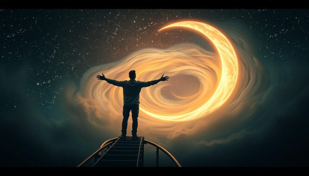 A surreal dreamscape set against a starry night sky. In the foreground, a person standing on a winding rollercoaster track, arms outstretched as if navigating life's ups and downs. The track twists and turns, representing the challenges and obstacles encountered. In the middle ground, a crescent moon casts a soft glow, symbolizing the subconscious and the power of dream analysis. In the background, a swirling vortex of colors and shapes, reflecting the ever-changing nature of life and the need to adapt. The scene is bathed in a warm, atmospheric lighting, creating a sense of introspection and contemplation. The overall composition conveys the themes of self-reflection, personal growth, and the interplay between dreams and reality.