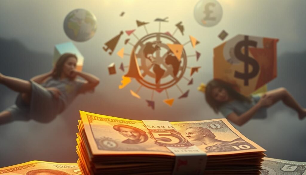 A surreal dreamscape showcasing various currency symbols, symbolizing the different meanings and interpretations of paper money in dreams. In the foreground, a central focus on a stack of vibrant, textured banknotes in different denominations, illuminated by a warm, golden light. In the middle ground, abstract geometric shapes and patterns representing different global currencies swirl and dance, creating a sense of movement and transformation. The background features a hazy, ethereal landscape, with muted hues and soft, diffused lighting, evoking the subconscious and the realm of dreams. The overall composition conveys a sense of abundance, but also the potential for illusion and the need to interpret the deeper symbolic meaning behind the appearance of paper currency in one's dreams.
