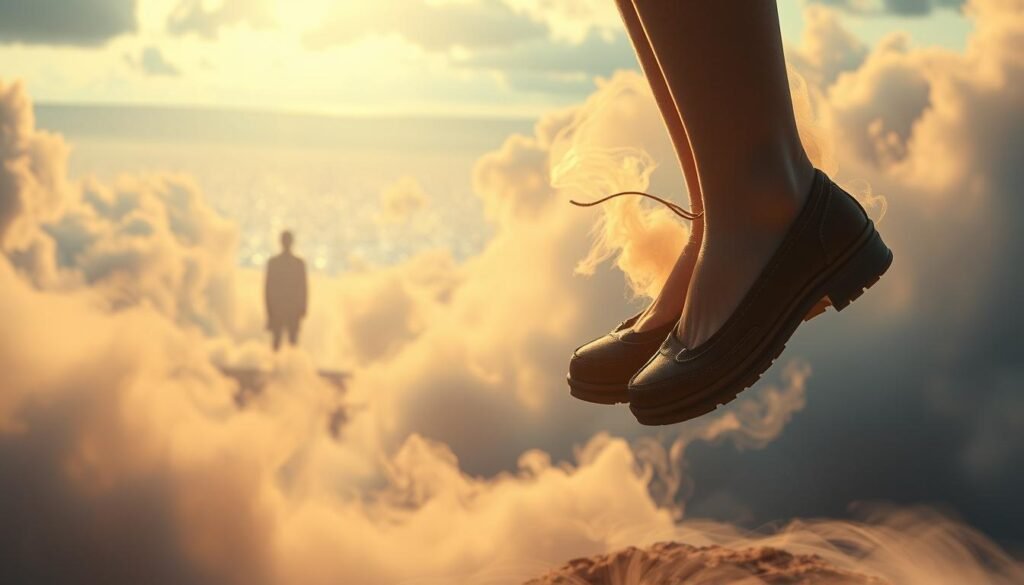 A surreal dreamscape unfolds, bathed in a warm, ethereal glow. In the foreground, a pair of worn, forgotten shoes levitate, emanating a transcendent energy. Swirling mists surround them, symbolic of a transformative spiritual journey. In the middle ground, wispy, cloud-like forms coalesce into the outline of a human figure, representing the shedding of the physical self. In the distant background, a shimmering, kaleidoscopic horizon hints at the boundless possibilities of the metaphysical realm. This dreamscape captures the essence of spiritual transformation, where the shedding of material possessions leads to a profound awakening of the soul.