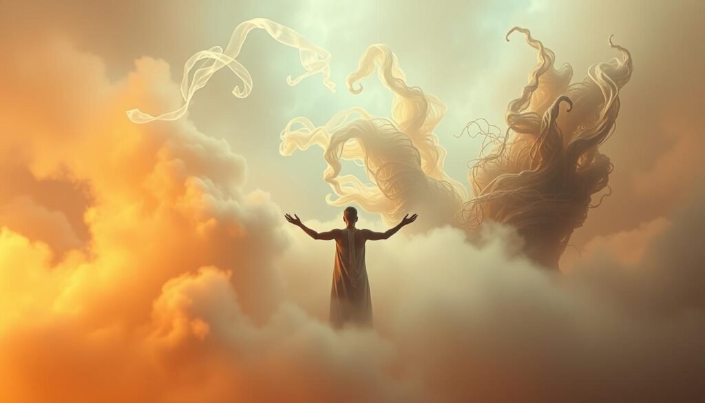 A surreal dreamscape unfolds, cloaked in a soft, ethereal glow. In the foreground, a figure emerges from swirling mists, reaching out with open palms as if to embrace the healing energies of the subconscious. Tendrils of light and color envelop the figure, guiding them through the intricate landscape of the mind. In the middle ground, abstract forms and textures intertwine, reflecting the complex emotions and memories that surface during the process of emotional healing. The background fades into a hazy, contemplative atmosphere, hinting at the depth and mystery of the dream state. Warm, diffused lighting casts a serene, introspective mood, inviting the viewer to ponder the spiritual significance of this dreamscape. Prompt