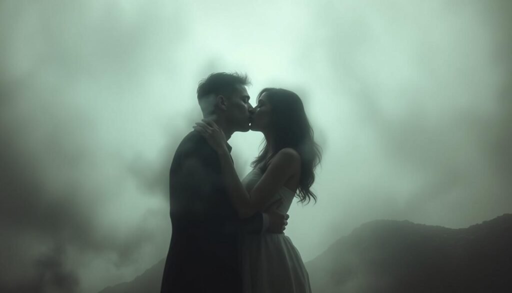 A surreal dreamscape unfolds, enveloping the viewer in a hazy, ethereal atmosphere. At the center, two shadowy figures embrace, their features blurred and indistinct, capturing the psychological impact of a dream kiss. The background is a swirling, abstract landscape, with muted colors and soft, diffused lighting, evoking a sense of subconscious exploration. Wisps of mist or energy flow around the figures, suggesting the intangible, emotional nature of the experience. The composition is balanced, with a sense of depth and perspective, drawing the viewer into the intimate, yet otherworldly, moment.