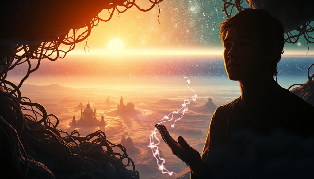 A surreal dreamscape unfolds, symbolizing the liberation from limiting beliefs. In the foreground, a figure emerges from a tangled web of shadows, their face illuminated by a warm, ethereal glow. Cascading wisps of energy emanate from their hands, representing the shedding of mental constraints. The middle ground features a landscape of shifting, kaleidoscopic forms, hinting at the transformative potential within the subconscious. In the background, a vast, starry expanse stretches, conveying the boundless possibilities that await once limiting beliefs are overcome. The scene is rendered with a soft, painterly aesthetic, creating a sense of wonder and introspection. Dramatic lighting and carefully composed angles heighten the sense of drama and spiritual significance.