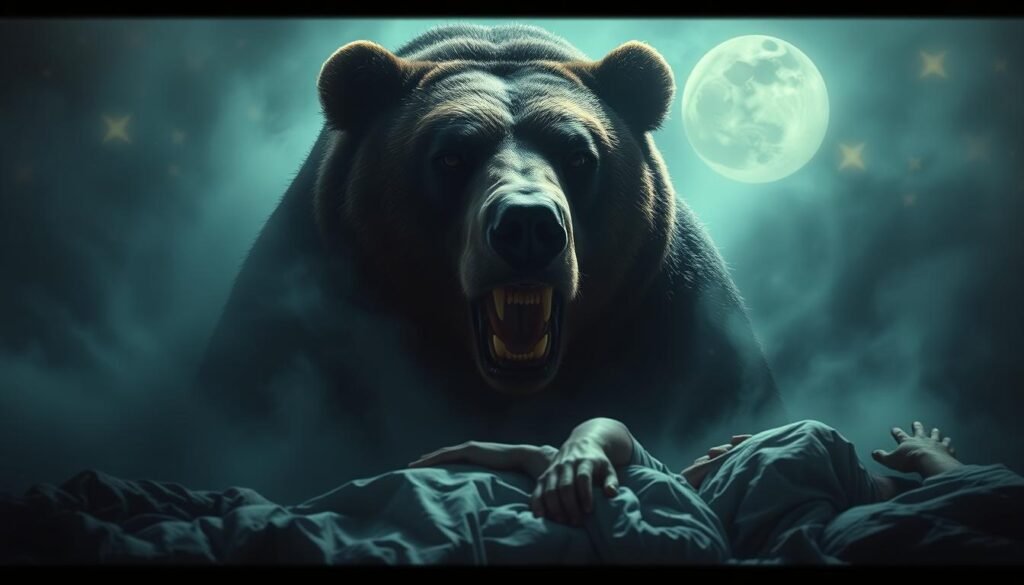 A surreal dreamscape unfolds, where a colossal, onyx-hued bear looms over a troubled sleeper. The beast's eyes smolder with a primal intensity, its jaws agape in a menacing roar. Tendrils of mist swirl around the scene, lending an eerie, ethereal quality. In the foreground, the sleeper thrashes restlessly, trapped in the grip of a recurring nightmare. Slivers of moonlight pierce the hazy atmosphere, casting deep shadows that heighten the sense of unease. The composition is framed by a vignette effect, drawing the viewer's focus to the unsettling encounter at the heart of the image. Evocative and unsettling, this dreamscape captures the unnerving essence of recurrent bear attack dreams.