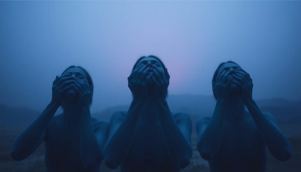 A surreal dreamscape unfolds, where ethereal figures struggle against translucent, spectral hands grasping at their throats. Muted hues of blue and violet cast an eerie glow, as if illuminated by a distant, otherworldly light source. The middle ground is occupied by partially obscured, faceless forms, their contorted expressions conveying a sense of mounting panic and desperation. In the background, a hazy, indistinct landscape blurs the boundaries between the physical and the metaphysical, creating an unsettling atmosphere of psychological tension. Depth of field is shallow, focusing the viewer's attention on the central narrative of the dream strangulation scenario. Rendered with a soft, painterly aesthetic, the image evokes a sense of the subconscious and the deeply personal nature of this symbolic experience.