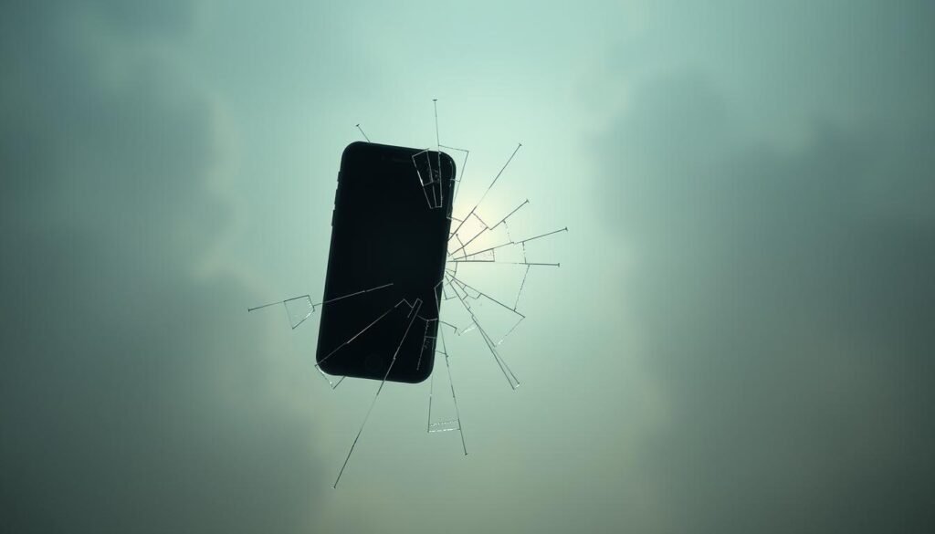 A surreal dreamscape visualizing the symbolism of a cracked phone screen. In the foreground, a fragmented phone display floats, its shattered glass reflecting a fractured reality. Against a hazy, ethereal backdrop, abstract geometric forms and muted colors evoke the subconscious. Soft, diffused lighting casts an otherworldly glow, while the camera angle provides a sense of depth and introspection. This montage of digital disarray symbolizes the anxieties and disruptions that may manifest in dreams about a damaged phone, a common representation of our connection to the modern world.