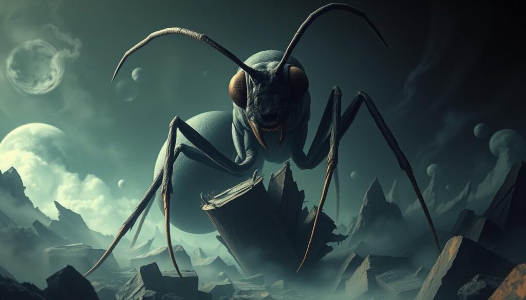 A surreal dreamscape where a colossal ant dominates the scene, its compound eyes and antennae magnified, casting an ominous presence. The creature's massive form looms over a twisted, distorted landscape, with fragmented geometry and unsettling shadows. Swirling mists and an eerie, otherworldly light create an atmosphere of unease and uncertainty, hinting at the underlying anxieties and fears manifested through this larger-than-life insect. The composition emphasizes the ant's dominance, conveying a sense of the dreamer's concerns being amplified and overwhelming. Detailed textures, intricate patterns, and a sense of narrative tension invite the viewer to ponder the symbolic meaning behind this haunting, nightmarish vision.