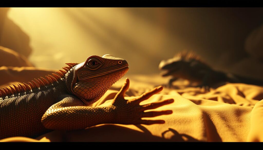 A surreal dreamscape where a friendly lizard, its scales glistening in warm sunlight, approaches a sleeping figure. The lizard's eyes hold a wise, curious gaze as it reaches out a scaly hand. In the distance, a shadowy, hostile lizard lurks, its predatory stare observing the encounter. Soft, diffused lighting bathes the scene, creating an atmospheric, almost spiritual mood. The composition centers the interaction, with the background fading into abstraction, emphasizing the significance of this dream visitation. Captured with a wide-angle lens to enhance the sense of immersion and wonder.