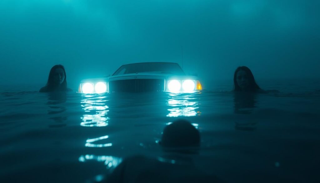 A surreal dreamscape where a submerged car slowly sinks, its headlights casting an eerie glow through the murky water. Shadowy figures drift by, their expressions haunting and resigned. The scene is bathed in shades of blue and green, creating an atmosphere of melancholy and unease. The viewer is left to ponder the deeper meaning behind this symbolic drowning, the car representing the dreamer's own struggles and the water a metaphor for the subconscious. Soft, diffused lighting illuminates the scene, creating a sense of depth and mystery. The camera angle is slightly low, giving a sense of immersion and vulnerability.