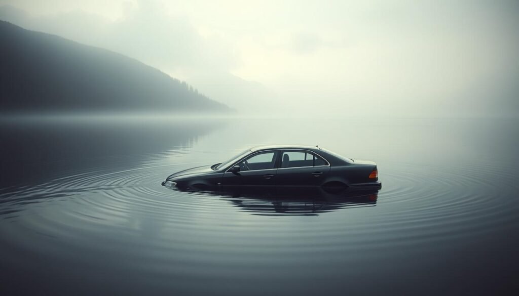 A surreal dreamscape where a submerged car symbolizes the depths of personal relationships. In the foreground, the car's reflection ripples across a tranquil, mirror-like surface, hinting at the hidden complexities beneath. The middle ground features a serene, ethereal landscape with soft, muted colors, creating a sense of psychological introspection. The background gently fades into an ambiguous, otherworldly realm, suggesting the subconscious nature of the dream experience. Lighting is diffused, casting a contemplative, pensive mood, while the camera angle is slightly elevated, inviting the viewer to observe this symbolic metaphor with a detached, analytical perspective.