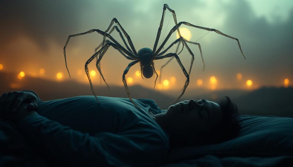 A surreal dreamscape where ethereal spider-like tendrils unfurl from a sleeping figure's mind, their translucent forms casting intricate shadows across a dimly lit, mystical environment. The foreground features the sleeping person, their features obscured, as if dreaming deeply. The background is a hazy, atmospheric landscape with glowing orbs of energy, suggesting the subconscious realm of the spider dreams. Soft, warm lighting illuminates the scene, creating a contemplative and introspective mood. The composition emphasizes the connection between the dreamer and the spider-like manifestations of their subconscious, inviting the viewer to explore the meaning and significance of these elusive dream symbols.