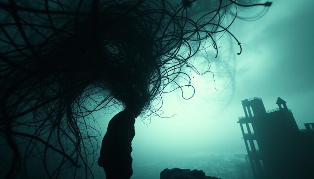 A surreal dreamscape where external stressors manifest as abstract, swirling patterns. In the foreground, a figure appears to be caught in a vortex of tangled, ethereal lines and shapes, conveying a sense of psychological tension. The middle ground features a hazy, fragmented landscape with disjointed architectural elements, hinting at the disruption of familiar structures. The background is a deep, atmospheric expanse of shifting, kaleidoscopic colors and textures, creating an otherworldly, subconscious atmosphere. Dramatic, low-angle lighting casts dramatic shadows, heightening the sense of unease and unrest. Cinematic, wide-angle lens captures the grandiose, unsettling scale of the dreamscape.