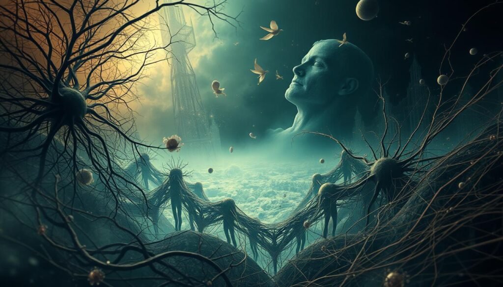 A surreal dreamscape, where troubled thoughts manifest as a swirling maelstrom of intricate, anatomical imagery. In the foreground, a pulsing, organic mesh of neural networks and synaptic pathways, reflecting the restless activity of the subconscious mind. In the middle ground, a fractured, kaleidoscopic landscape of fragmented memories and emotions, cascading like a torrential flood. In the background, a hazy, ethereal realm of hidden anxieties and buried stresses, casting a shadowy, foreboding presence. Dramatic lighting and a slightly tilted camera angle heighten the sense of unease and disorientation, evoking the disquieting nature of stress-induced dreams. An immersive, visceral interpretation of the connection between waking life pressures and the surreal, symbolic language of the unconscious.