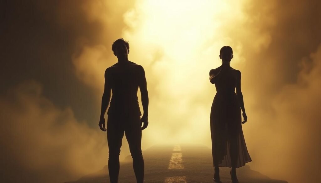A surreal dreamscape, where two figures representing the twins stand at a crossroads, their shadows casting a symbolic divide. The figures are rendered in a soft, ethereal style, bathed in a warm, diffuse light that creates an introspective atmosphere. Swirling mist and abstracted shapes in the background suggest the subconscious realm of decision-making. The figures gaze inwardly, their expressions pensive, as they contemplate the path forward. Subtle visual cues, such as mirrored reflections or the juxtaposition of contrasting elements, allude to the duality and interconnectedness of the twins' decision-making process.