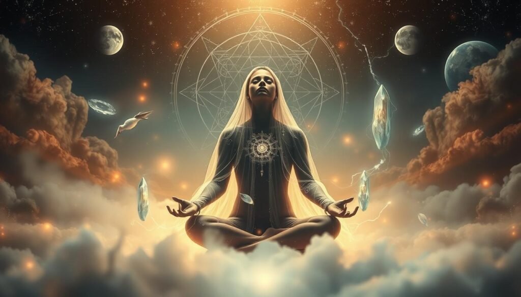A surreal dreamscape with a central figure in a meditative pose, surrounded by symbolic imagery. The figure is cloaked in shimmering ethereal light, eyes closed in deep contemplation. In the foreground, wisps of mist and glowing energy currents swirl, hinting at the spiritual forces at play. The middle ground features abstract geometric patterns and floating crystal formations, creating a sense of mystical geometry. The background blends celestial elements like stars, moons, and cosmic clouds, conveying a profound connection to the divine. The entire scene is bathed in a warm, otherworldly glow, evoking a sense of tranquility and introspection.