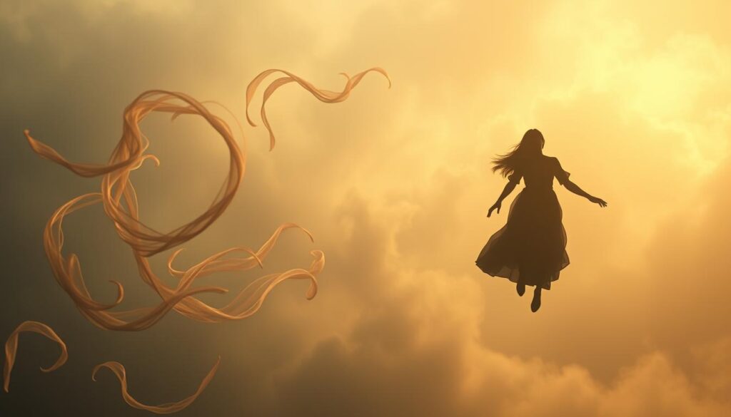 A surreal dreamscape with a floating figure representing the subconscious mind, bathed in a soft, warm glow of introspection. In the foreground, wispy tendrils of emotion swirl and cascade, symbolizing the turbulent feelings associated with partner abandonment dreams. The middle ground depicts a shadowy outline of a partner figure, conveying the sense of loss and longing. In the background, a hazy, abstract landscape of the psyche, interwoven with subtle patterns and textures that evoke the complexities of emotional processing. The overall mood is contemplative, inviting the viewer to explore the depths of the dreaming mind and the significance of these intimate revelations.