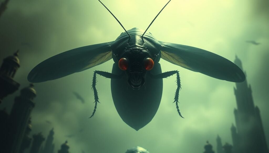 A surreal dreamscape with a giant cockroach at the center, casting an ominous shadow across the scene. The cockroach's compound eyes glisten with an otherworldly intelligence, staring directly at the viewer. The background is a hazy, abstract landscape, with swirling wisps of energy and fragmented architectural elements. Soft, diffused lighting creates an eerie, almost spiritual atmosphere. The overall composition conveys a sense of unease and the subconscious wrestling with the symbolic meaning of the cockroach's presence in the dream. Cinematic camera angle, dramatic lighting, and a dreamlike, impressionistic style.