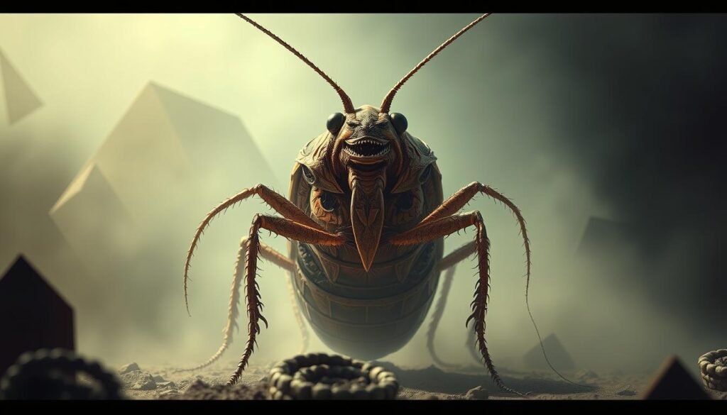 A surreal dreamscape with a giant, intricate cockroach as the central focus. The creature's segmented body and spindly legs dominate the frame, rendered in a hyperrealistic, almost grotesque style. The cockroach's eyes are piercing and aware, hinting at a deeper, more intelligent consciousness. The background is shrouded in an otherworldly, mist-like atmosphere, with subtle hints of geometric patterns and abstract shapes that evoke a sense of the subconscious. Soft, dramatic lighting illuminates the scene, casting dramatic shadows and highlighting the cockroach's intricate textures. The overall tone is one of unease and disquiet, reflecting the hidden meanings and unsettling truths that lie within the interpretation of cockroach dreams.