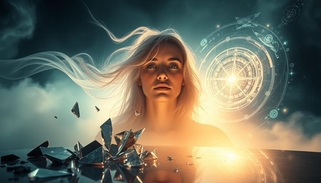 A surreal dreamscape with a glowing, ethereal figure at the center, their face partially obscured in wisps of translucent energy. In the foreground, fragments of a shattered mirror reflect kaleidoscopic prisms of light, symbolizing the transformative insights gained through a spiritual dream experience. The middle ground features a swirling vortex of mystical symbols and celestial imagery, hinting at the cosmic forces at play. The background is shrouded in a misty, otherworldly atmosphere, creating a sense of deep contemplation and introspection. Soft, diffused lighting casts a warm, introspective glow across the scene, evoking a sense of profound personal growth and inner awakening. The overall composition conveys a transformative, visionary quality, perfectly capturing the essence of "Transformational Aspects of Nose Bleed Dreams".