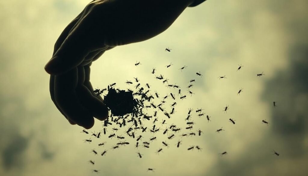 A surreal dreamscape with a person's hand forcefully crushing a swarm of ants, representing the theme of control and power dynamics. The hand casts a long, dark shadow over the scattering insects, creating a sense of tension and unease. The background is blurred and hazy, evoking the subconscious state of a dream. Diffused lighting and a muted color palette contribute to the atmospheric, illusory quality of the scene. The composition emphasizes the central action, drawing the viewer's attention to the complex emotions and psychological implications of the dreamer's actions.