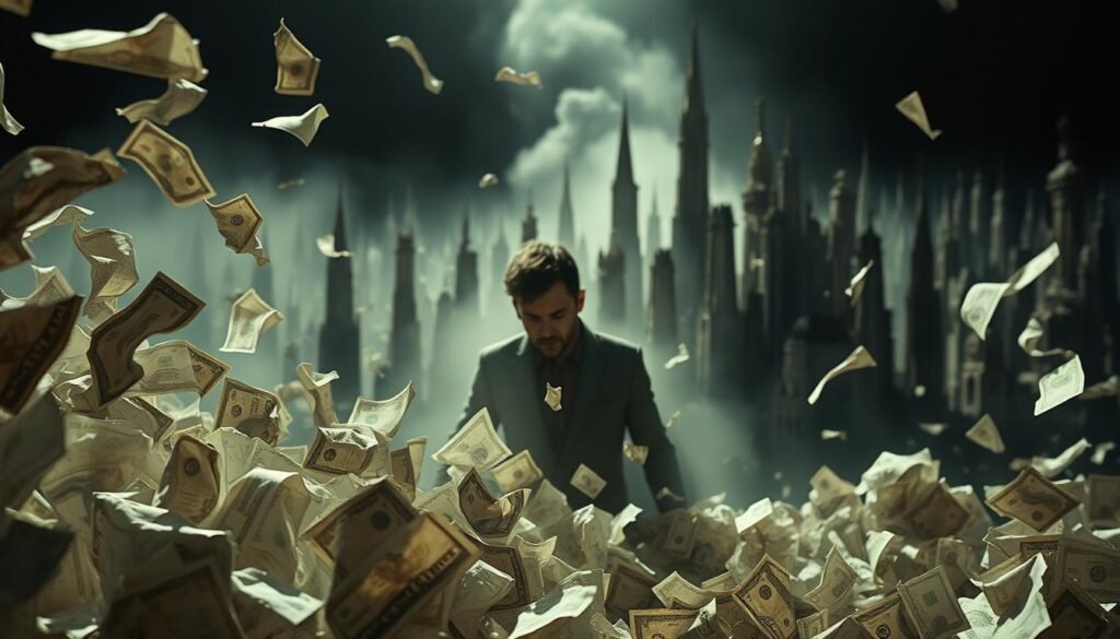 A surreal dreamscape with a sense of unease and financial anxiety. In the foreground, crumpled paper currency flows and swirls, casting unsettling shadows. The middle ground features a distorted figure, their face obscured, surrounded by a haze of fragmented bills. In the background, a vast, unsettling landscape of towering, abstract structures made of currency, creating a dizzying, disorienting atmosphere. Dramatic chiaroscuro lighting casts deep shadows, heightening the sense of unease. The overall scene conveys a sense of loss, instability, and the ephemeral nature of wealth.