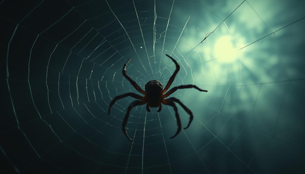 A surreal dreamscape with a spider's web suspended in a distorted, swirling vortex of shadows and mist. The web's threads appear to pulse and vibrate, reflecting the subject's inner turmoil and anxiety. In the center, a large, hyper-detailed spider sits motionless, its multiple eyes glowing with an eerie, unsettling intensity. The background is shrouded in a hazy, atmospheric gloom, evoking a sense of unease and the subconscious. Soft, dramatic lighting casts dramatic shadows, enhancing the ominous, haunting mood. The camera angle is slightly low, creating a sense of the viewer being drawn into the unsettling scenario. The overall composition and color palette convey a psychological state of tension, uncertainty, and the disturbing nature of the subject's spider-related anxiety.
