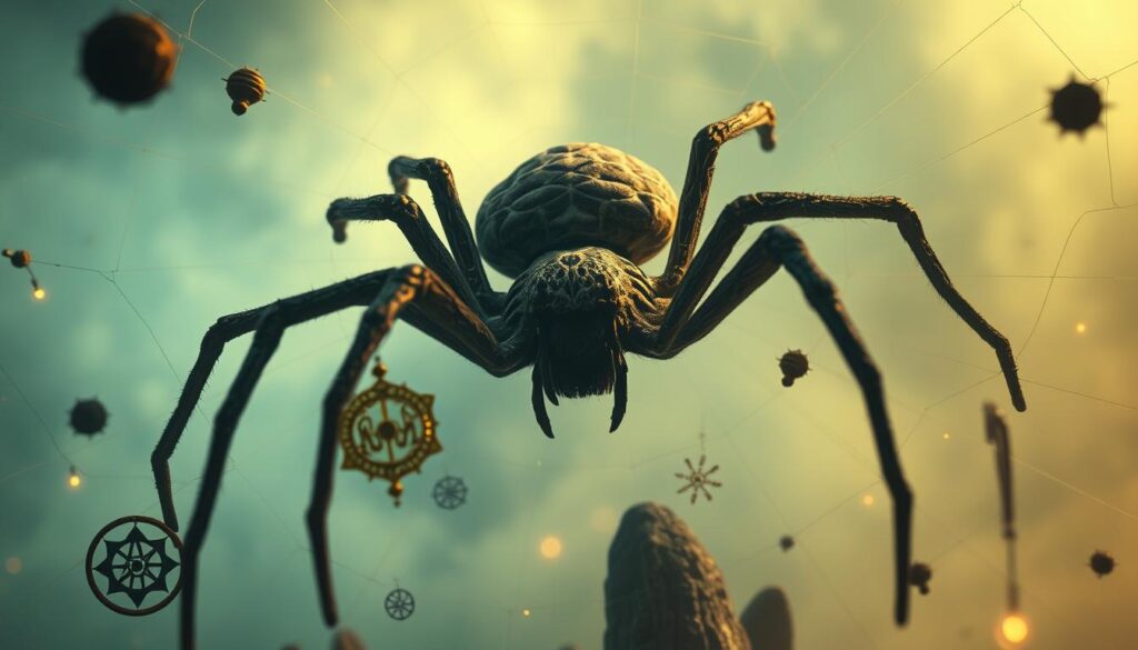 A surreal dreamscape with a towering spider at the center, its intricate web spanning the scene. In the foreground, symbolic cultural motifs and talismans float ethereally, hinting at the deep spiritual significance of spider imagery across diverse belief systems. The background is shrouded in a hazy, otherworldly glow, creating an atmosphere of mysticism and the subconscious. Dramatic lighting accentuates the spider's piercing eyes and hypnotic, shifting patterns on its carapace. The overall composition evokes a sense of contemplation, inviting the viewer to ponder the profound symbolism hidden within the spider's realm of dreams.