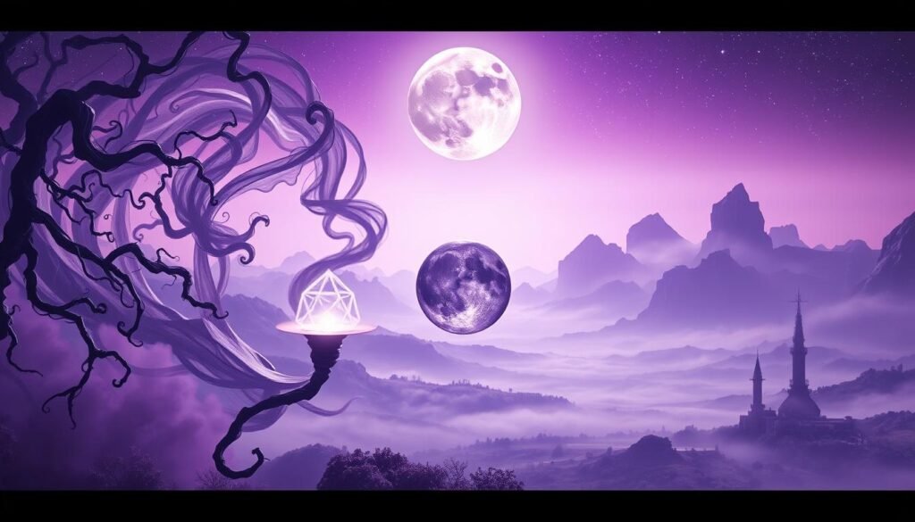 A surreal dreamscape with a vibrant purple hue, featuring an array of symbolic elements. In the foreground, a glowing crystal orb hovers, radiating a mystical aura. Surrounding it, a swirling vortex of intriguing shapes and textures, such as twisting vines, wispy clouds, and geometric patterns. The middle ground is a serene, misty landscape with towering, amethyst-tinted mountains in the distance. Overhead, a shimmering, starry sky with a full, lavender moon casts a soft, ethereal light upon the scene. The overall atmosphere is one of contemplation, spirituality, and the subconscious realm.