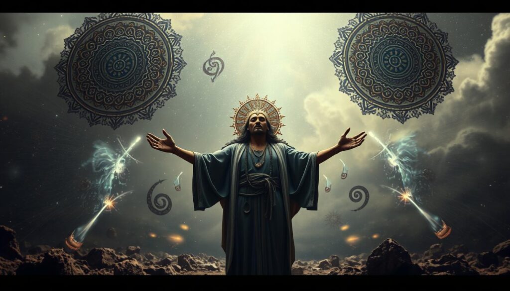 A surreal dreamscape with cultural symbols of death and rebirth. In the foreground, a central figure representing the divine, with outstretched arms and a serene expression. Surrounding them, intricate mandalas, spirals, and geometric shapes in muted earthy tones. In the middle ground, flashes of light and ethereal wisps, hinting at the mystical realm. The background is a nebulous, starry expanse, shrouded in a veil of mystery. The lighting is soft and diffused, creating an atmosphere of contemplation and spiritual introspection. Capture this scene through a wide-angle lens, to convey a sense of grandeur and cosmic significance.