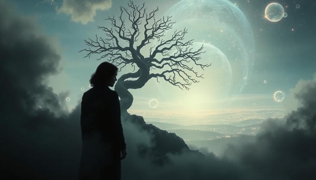 A surreal dreamscape with layered symbolism. In the foreground, a shadowy figure symbolizing the subconscious mind, shrouded in mist. In the middle ground, a twisting tree with branches reaching towards the sky, representing the interconnectedness of the conscious and unconscious. In the background, a shimmering, otherworldly landscape with floating crystals and celestial bodies, conveying the mystical nature of dream symbolism. Soft, diffused lighting casts a contemplative mood, while a slightly wide-angle lens captures the expansive, immersive feel. Overall, a visually striking and conceptually rich representation of the deeper meanings hidden within our dreams.