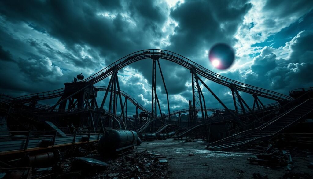 A surreal, dystopian rollercoaster in a state of disrepair, its tracks twisted and broken, looming ominously against a stormy, turbulent sky. Shattered carts lie scattered amidst the wreckage, a testament to a dream gone awry. Harsh, dramatic lighting casts deep shadows, conveying a sense of unease and impending doom. The once vibrant, thrilling attraction now stands as a haunting metaphor for a life spiraling out of control. A lens flare cuts through the gloom, a glimmer of hope amidst the overwhelming chaos.