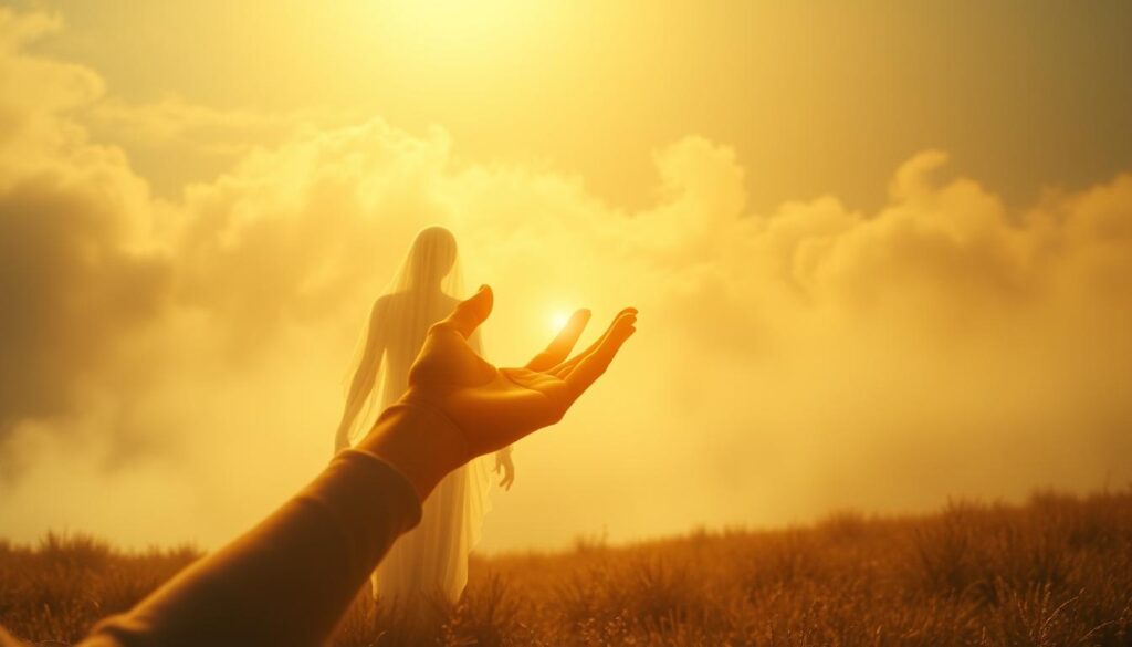 A surreal, ethereal landscape bathes in a warm, golden glow. In the foreground, a translucent, spectral figure reaches out, their touch emanating a palpable energy. The background fades into a hazy, dreamlike realm, with swirling clouds and mist obscuring the boundaries between the physical and spiritual worlds. The atmosphere is one of tranquility and profound connection, inviting the viewer to contemplate the deeper significance of this otherworldly encounter. Soft, diffused lighting illuminates the scene, creating a sense of reverence and introspection. The composition draws the eye towards the central figure, emphasizing the profound spiritual meaning of this mystical touch from the departed.