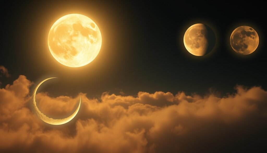 A surreal, ethereal scene depicting the phases of the moon in a dreamlike interpretation. In the foreground, a crescent moon hovers amidst wispy, ethereal clouds, bathed in a soft, lunar glow. The middle ground features a full moon, radiating a warm, mystical light that casts gentle shadows across the landscape. In the background, the waning gibbous and new moon phases float ethereally, their shapes and positions suggesting the cyclical nature of the lunar cycle. The overall atmosphere is one of tranquility, contemplation, and the divine feminine energy that the moon symbolizes in dream interpretation.