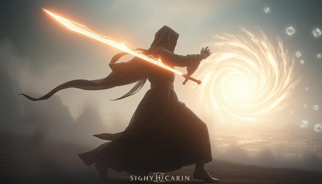 A surreal, ethereal scene of spiritual dream combat symbolism. In the foreground, a cloaked, ethereal figure wielding a glowing, spectral sword engages in a graceful, choreographed dance of light and shadow. The middle ground features a swirling vortex of energy, casting an otherworldly glow upon the scene. In the background, a shimmering, crystalline landscape stretches out, dotted with floating, geometric shapes that seem to pulse with an inner luminescence. The lighting is soft and diffuse, creating a dreamlike, meditative atmosphere. The composition is balanced and dynamic, conveying a sense of transcendent struggle and the triumph of the spirit.