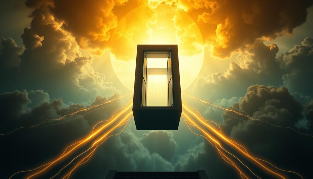A surreal interpretation of an elevator dream. In the foreground, a levitating elevator car ascends towards a mystical, cloudy sky bathed in warm golden light. The car's doors are open, inviting the viewer to step inside and embark on a spiritual journey. In the middle ground, glowing energy lines converge, representing the interconnectedness of our subconscious and the metaphysical realm. The background depicts a dreamscape of abstract, swirling shapes and patterns, evoking the fluid, non-linear nature of the psyche. Dramatic cinematic lighting casts dramatic shadows, heightening the sense of depth and otherworldliness. The overall mood is one of introspection, transcendence, and the exploration of the hidden dimensions of the self.