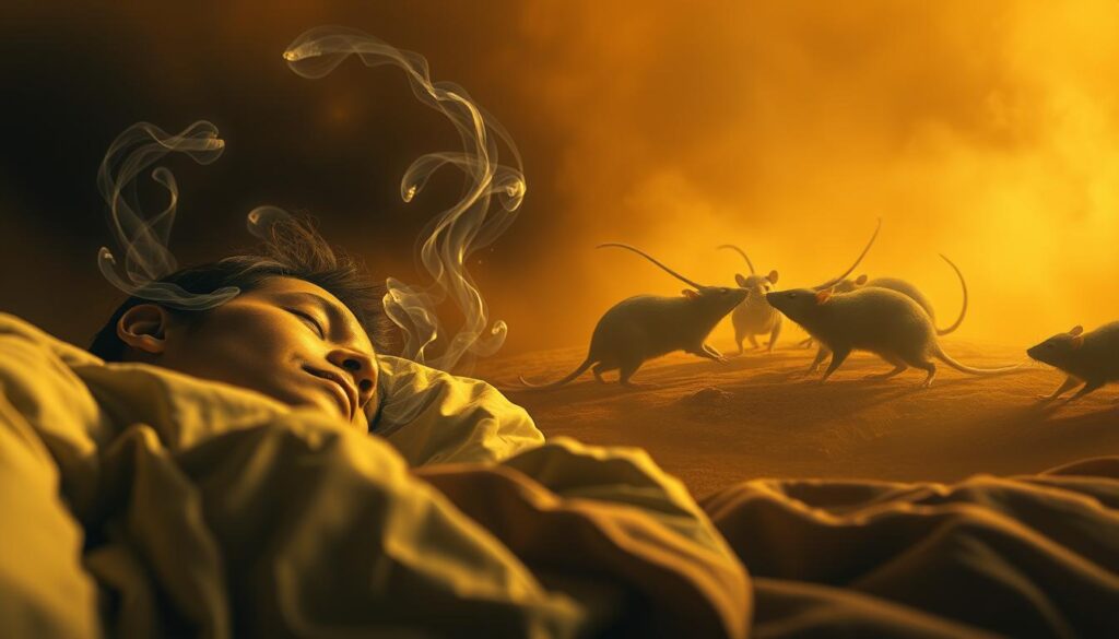 A surreal landscape of a dreamscape, bathed in a warm, ethereal glow. In the foreground, a person lies sleeping, their face expressing a range of emotions - from tranquility to unease. Swirling, ephemeral wisps of energy emanate from their subconscious, revealing the inner turmoil and fragility of the dreaming mind. In the middle ground, a pack of rats, rendered in a stylized, almost symbolic manner, appear to be engaged in a symbolic struggle, suggesting the complex interplay between fear, guilt, and the need for spiritual growth. The background is a hazy, atmospheric realm, with subtle cues hinting at the deeper, universal significance of this intimate, psychological drama unfolding within the realm of the dream.