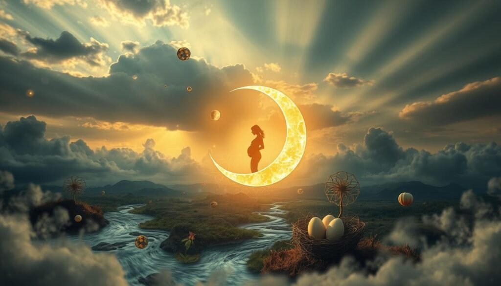 A surreal landscape of dream symbols and pregnancy metaphors. In the foreground, a glowing crescent moon cradling a golden embryo, surrounded by floating crystals and wisps of smoke. The middle ground features a mosaic of symbolic icons - a flowing river, a budding flower, a nest of eggs. In the distance, a cloudy, dreamlike sky with shafts of soft, warm light filtering through. The overall atmosphere is one of mysticism, growth, and the deep, intuitive connection between the subconscious and the miracle of new life. Captured with a wide-angle lens, a cinematic, ethereal quality.